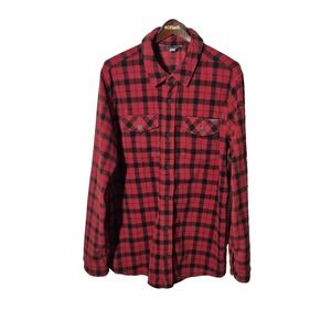 Eddie‎ Bauer Shirt Mens Tall XL Red Black Plaid Fleece Button Front Long Sleeve